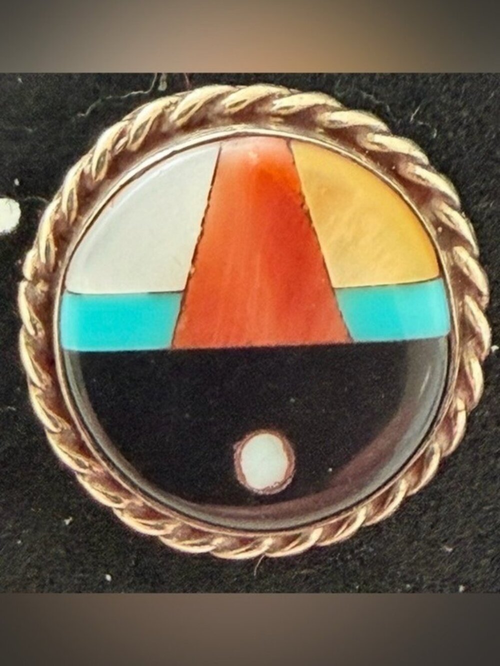 Vintage Zuni Sunface Lapel Pin Tie Tac Sterling Silver Turquoise Coral Inlay